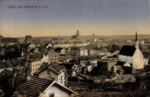 Ak Mühldorf am Inn Oberbayern, Gruß aus  Stadtansicht, Häuser, Kirche, Turm