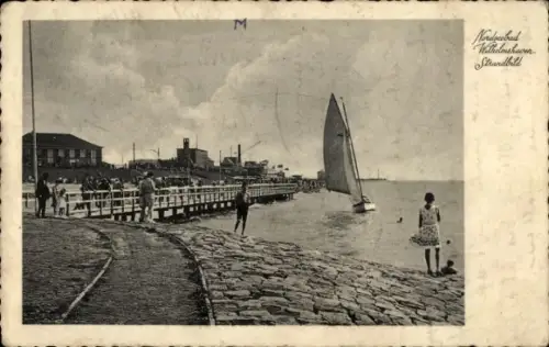 Ak Wilhelmshaven an der Nordsee, Nordseebad  Strandbild, Segelboot, Menschen am Pier