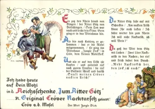 Gedicht Ak Kröv Rheinland, Reichsschenke zum Ritter Götz, Cröver Nacktarsch, Wirt Jungle Dick