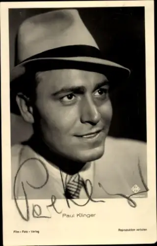 Ak Schauspieler Paul Klinger, Portrait, Autogramm, UFA Film A 3473 1, Hut, Krawatte