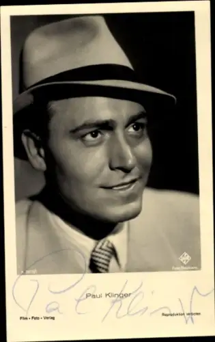 Ak Schauspieler Paul Klinger, Portrait, Autogramm, UFA Film A 3473 1, Hut, Krawatte
