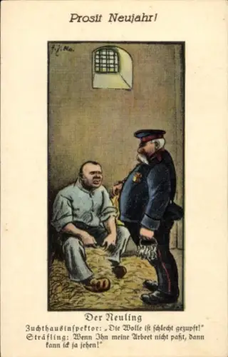 Künstler Ak Zille, Heinrich, Glückwunsch Neujahr, der Neuling, Sträfling, Zuchthausinspektor