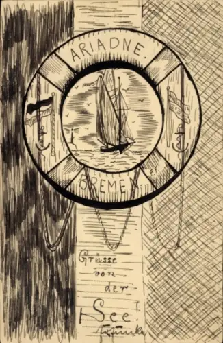 Handgemalt Ak Ariadne Bremen, Rettungsring