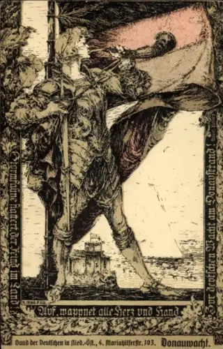 Ak Donauwacht, Soldat mit Horn und Fahne, KuK-Armee