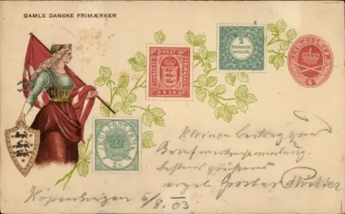 Briefmarken Ak Dänemark, Frau mit Wappen und Fahne