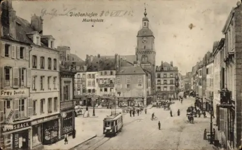 Ak Thionville Diedenhofen Lothringen Moselle, Marktplatz, Geschäfte, Dentist Frey, Straßenbahn