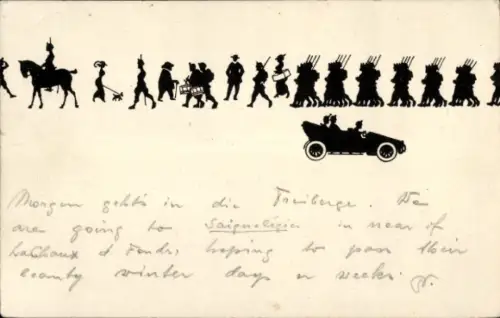 Scherenschnitt Ak Marschierende Soldaten, Automobil