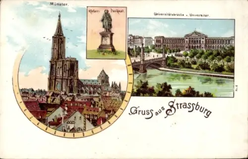 Litho Straßburg Elsass Bas Rhin, Münster, Kleber-Denkmal, Universitätsbrücke, Universität