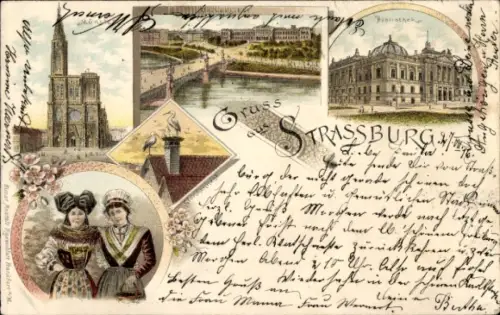 Litho Straßburg Elsass Bas Rhin, Münster, Bibliothek, Frauen in Tracht