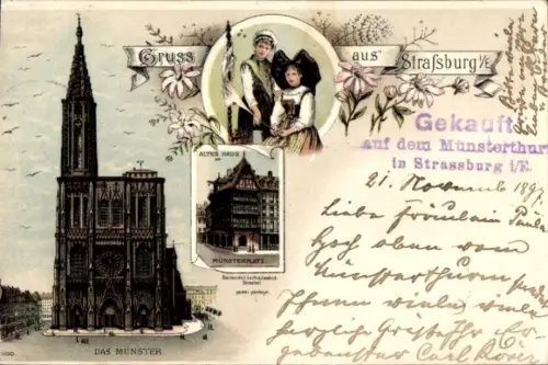 Litho Straßburg Elsass Bas Rhin, Münster, Altes Haus am Münsterplatz, Frauen in Tracht