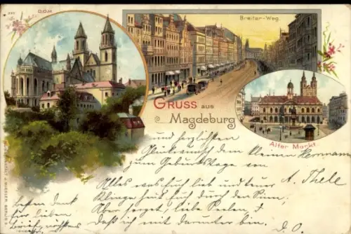 Litho Magdeburg an der Elbe, Dom, Breiter Weg, Alter Markt