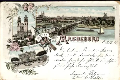 Litho Magdeburg in Sachsen Anhalt, Bahnhof, Dom, Brücke, Elbe, Engel