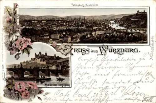 Litho Würzburg am Main Unterfranken, Gesamtansicht, Mainbrücke, Festung