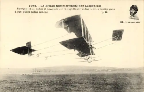 Ak Flugzeug, Biplan Sommer, Pilot Legagneux