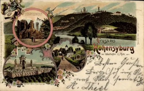 Litho Syburg Dortmund, Ruine Hohensyburg, Vinkerturm, Kirche, Petersbrunnen, Kaiser Wilhelm Denkmal