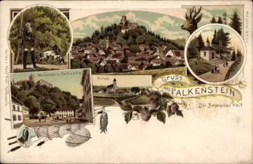 Litho Falkenstein in der Oberpfalz Bayrischer Wald, Marktplatz, Burg, Arrach, Klause
