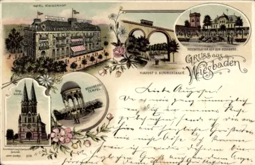Litho Wiesbaden in Hessen, Neroberg Tempel, Ringkirche, Hotel Kaiserhof, Restauration, Viadukt