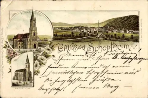 Litho Schopfheim im Wiesental Baden, Gesamtansicht, Ev. Stadtkirche, Kath. Kirche