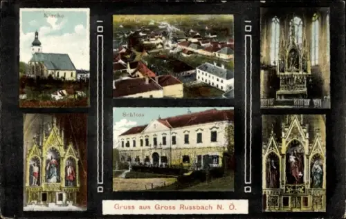 Ak Groß Russbach Rußbach Niederösterreich, Teilansicht, Kirche, Schloss, Altar