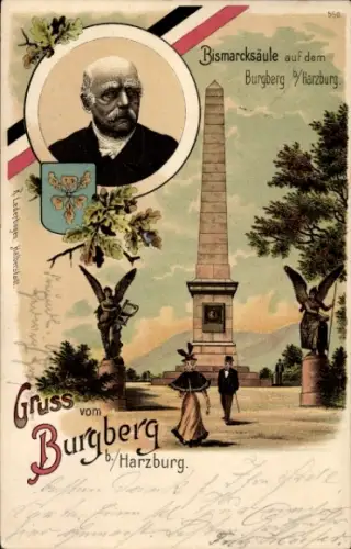 Wappen Litho Bad Harzburg in Niedersachsen, Bismarcksäule auf dem Burgberg, Fürst Bismarck