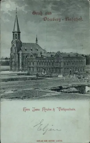 Mondschein Ak  Bohumín Oderberg Bahnhof Region Mährisch Schlesien, Herz Jesu Kirche, Volksschule