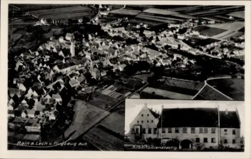 Ak Rain am Lech Schwaben, Luftaufnahme von  Arbeitsdienstgebäude, Schwarz-Weiß