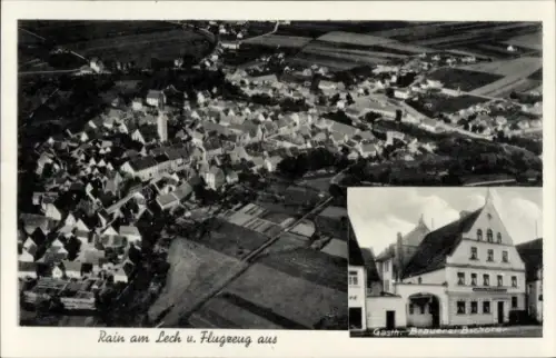 Ak Rain am Lech Schwaben, Flugzeugaufnahme, Gasthaus Brauerei Bachorer