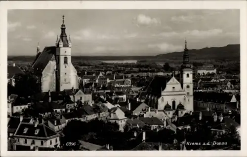 Ak Krems an der Donau Niederösterreich, Schwarz-Weiß-Bild, Stadtansicht,  Kirchen, Fluss