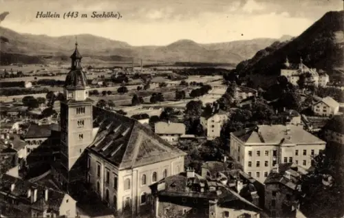 Ak Hallein in Salzburg,  Berglandschaft, Kirche, 443 m Seehöhe