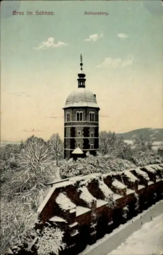 Ak Graz Steiermark, Schlossberg, Schnee, Turm, Bäume, 