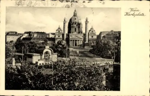Ak Wien 1 Innere Stadt, Schwarz-Weiß-Bild von  Karlsplatz, Kirche, Straßenansicht