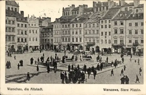 Ak Warszawa Warschau Polen,  Altstadt, Brunnen, viele Menschen,  Gebäude