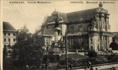 Ak Warszawa Warschau Polen,  Denkmal Mickiewicz, Statue, Parkanlage,  