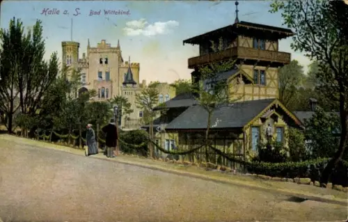Ak Halle an der Saale, Halle a. S. Bad Wittekind, zwei Personen, Gebäude, Bäume