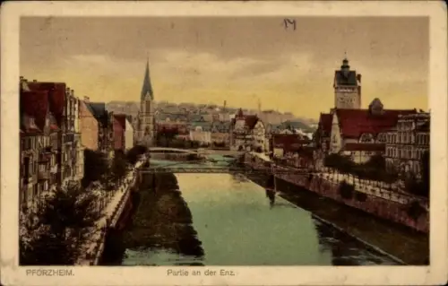Ak Pforzheim im Schwarzwald,  Partie an der Enz, Flussansicht,  Gebäude