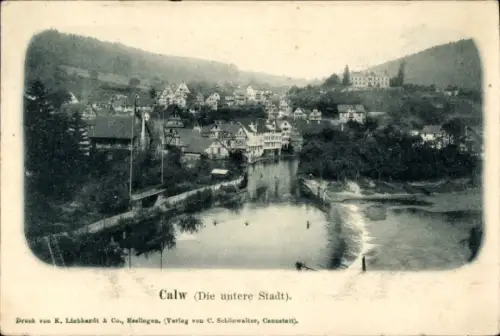 Ak Calw im Schwarzwald,  untere Stadt, Fluss, Häuser, Landschaft