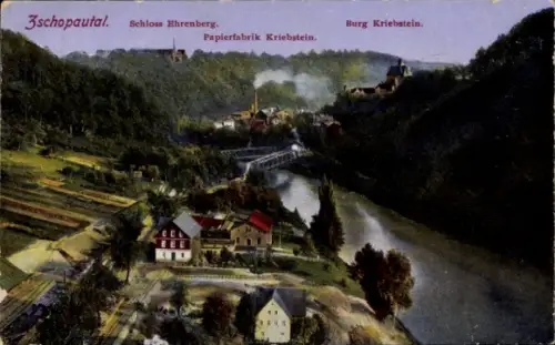 Ak Kriebstein Mittelsachsen, Schloss Ehrenberg, Papierfabrik, Burg Kriebstein, Zschopautal