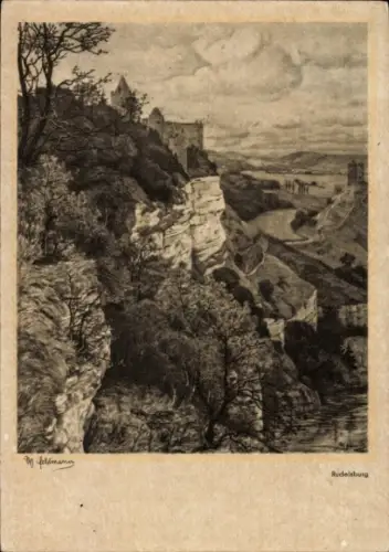 Ak Bad Kösen Naumburg an der Saale, Rudelsburg, Landschaft mit Burg, Fluss, Bäume, Wolken, Rudels