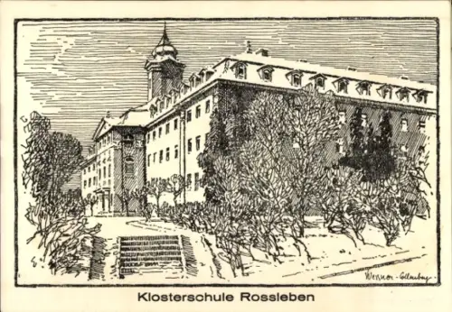 Künstler Ak Roßleben an der Unstrut Kyffhäuserkreis, Klosterschule im Winter
