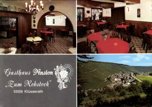 Ak Klüsserath an der Mosel, Gasthaus Pension „Zum Rebstock“, Innenansicht, Tische mit roten Tisch