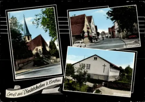 Ak Diedelsheim Bretten in Baden,  Straßenpartie, Kindergarten, Kirche