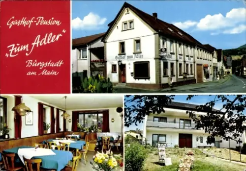 Ak Bürgstadt in Unterfranken, Gasthof-Pension Zum Adler,  Restaurant, Zimmer mit Dusche