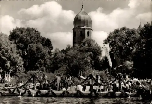 Ak Herrenchiemsee Herreninsel Chiemsee Oberbayern, Fronleichnamsprozession,  Boot mit Blumen gesc