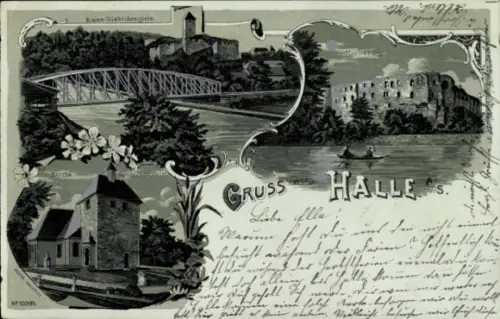 Mondschein Litho Halle an der Saale, Moritzburg, Ruine Giebichenstein, Kirche Giebichenstein