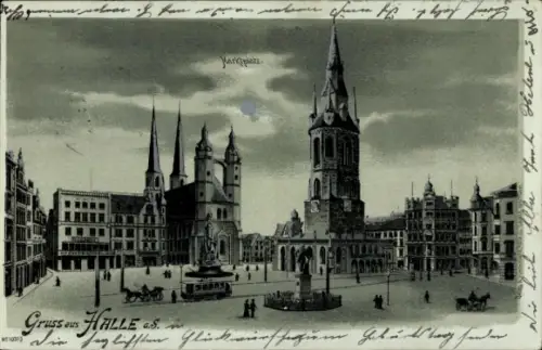 Mondschein Litho Halle an der Saale, Marktplatz, Straßenbahn