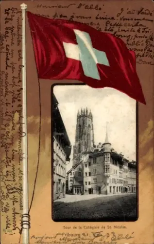Passepartout Ak Fribourg Freiburg Stadt Schweiz, Tour de la Collégiale de St. Nicolas, Fahne