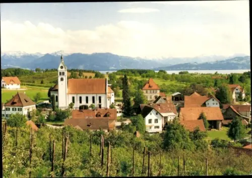 Ak Gattnau Kressbronn am Bodensee, Landschaft mit Kirche, Häusern, Weinreben, Bodensee im Hinterg