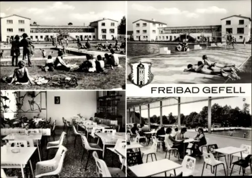 Wappen Ak Gefell im Vogtland, Freibad, Terrassencafe, Terrasse