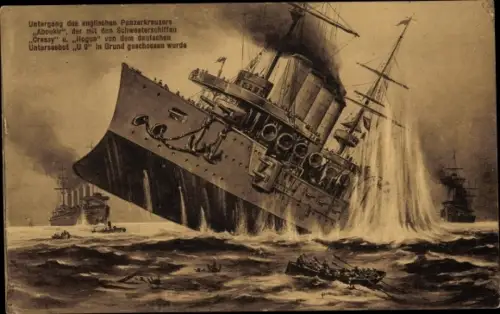 Ak Untergang englischer Panzerkreuzer Aboukir, Cressy, Hogue, dt. Unterseeboot U 9