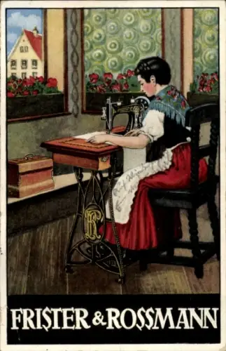 Ak Reklame Frister & Rossmann, Frau in Tracht an einer Nähmaschine